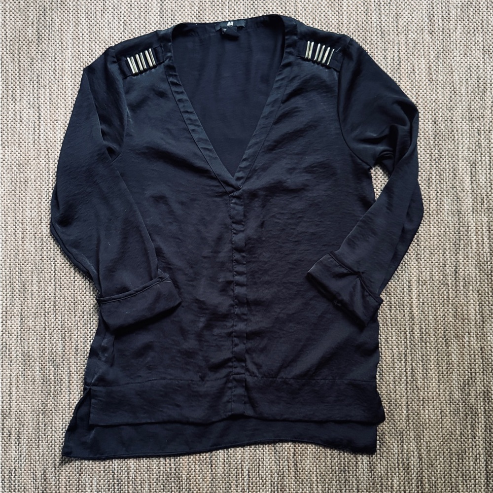 H&M Black V-Neck Silk Blouse with Gold Accents